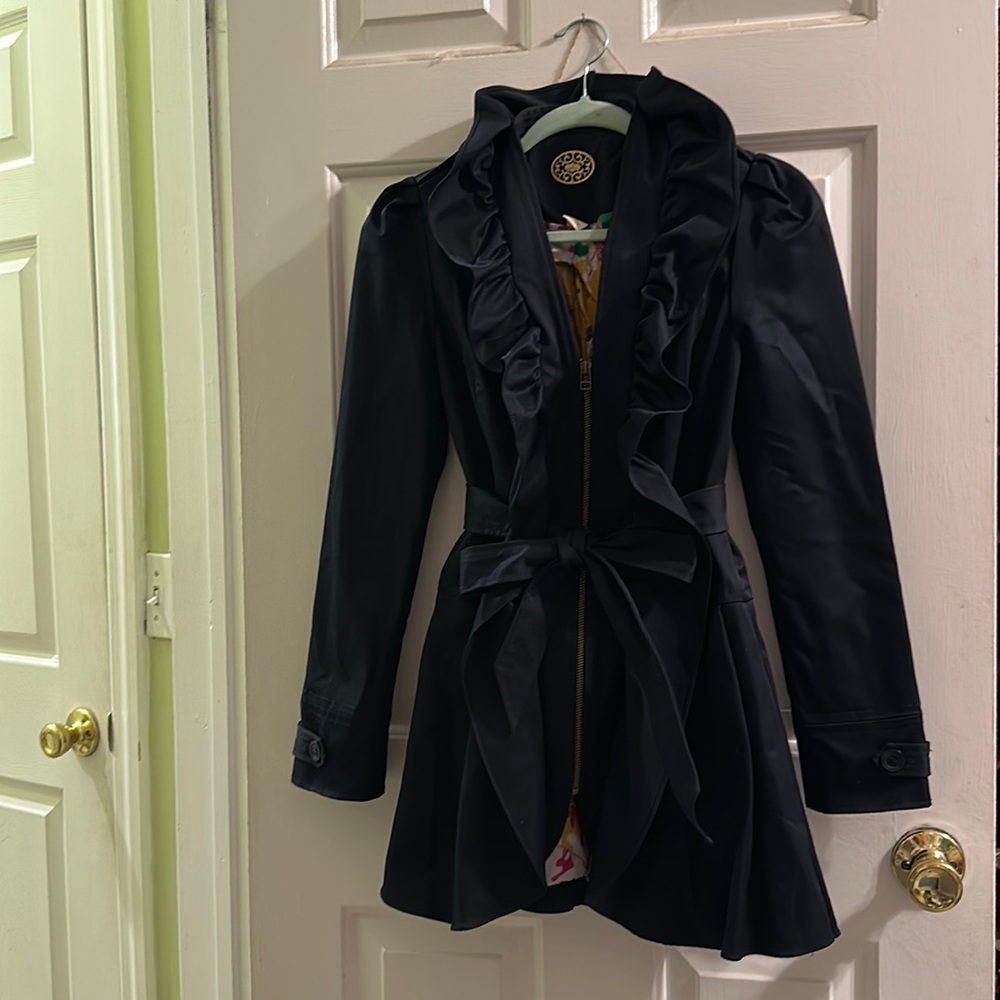 Anthropologie black ruffle front trench coat